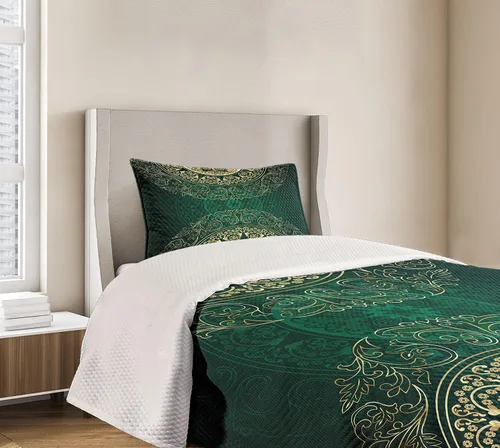 Vista 6 de Lunarable Colcha verde cazador, estilo mandala oriental retro, patrón de remolinos antiguos, diseño de remolinos florales, decorativo, acolchado