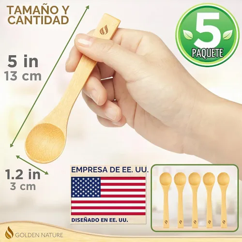 Vista 4 de Juego de cucharas de bambú (5 unidades), cucharaditas de cocina pequeñas, pequeñas cucharas de madera perfectas para azúcar, especias, condimentos