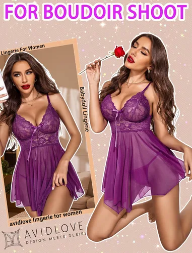 Vista 4 de Avidlove Lencería para mujer, babydoll de encaje, camisón de malla, camisón de noche, lencería seductora