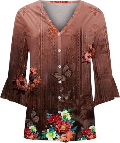Vista 4 de Workout Tops for Women Fall Fashion Trendy Long Lantern Sleeve Open Front T Shirts Casual Button Down Floral Printed Blouse