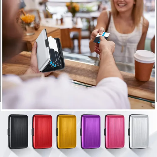Vista 5 de Cartera de aluminio para tarjetas de crédito, 24 unidades, delgada, mini bloqueo RFID, protector de tarjetas de crédito, funda rígida para tarjetas