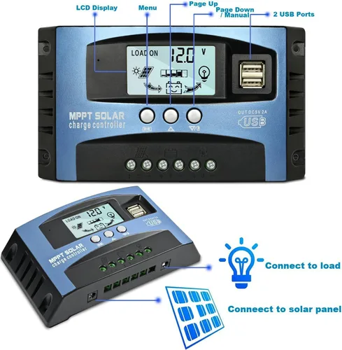 Vista 3 de [Actualizado] Controlador de Carga Solar MPPT de 30A, Regulador Inteligente de Panel Solar de 12V/24V con Pantalla LCD Ajustable, Puerto USB Dual