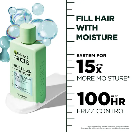 Vista 4 de Garnier Fructis Hair Filler - Acondicionador reparador de humedad, sin sulfato para cabello rizado y ondulado con ácido hialurónico, 10.1 onzas