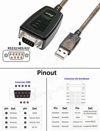 Vista 5 de DTECH Adaptador USB a serie RS422 RS485 R232 a cable USB (interfaz 3 en 1) soporta CC 5V con placa de ruptura luces LED para dispositivos de control