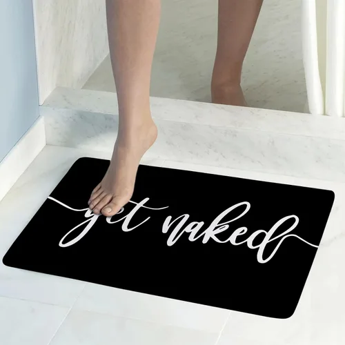 Vista 2 de Get Naked - Tapete de baño para baño, fuente blanca, con citas divertidas, color negro, tapete de baño de espuma viscoelástica suave, tapete