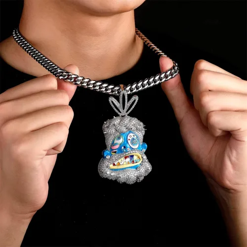 Vista 8 de ICEDIAMOND Collar de cadena cubana con colgante de arte abstracto pintado con esmalte frío, diseño de tribu misteriosa, chapado en oro, joyería