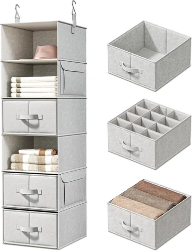 Vista 13 de Vailando Organizador de Armario Colgante de 3 Estantes, Juego de 2 Estantes Colgantes con 2 Cajones para Vestidor, Guardería, Almacenamiento y Beige