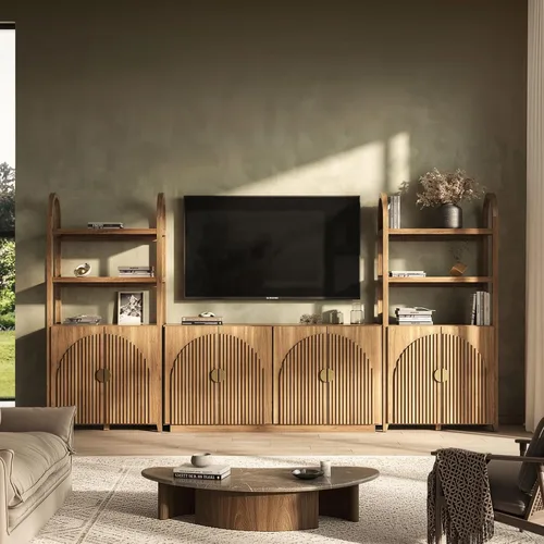 Vista 78 de BELLEZE Centro de entretenimiento modular de 4 piezas con almacenamiento, 2 vitrinas de madera moderna con gabinete arqueado y 2 armarios de puerta