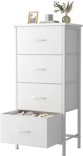Vista 11 de Sweetcrispy Cómoda alta de tela para dormitorio, cómoda delgada de 6 cajones, torre de almacenamiento estrecha con parte superior de madera y marco