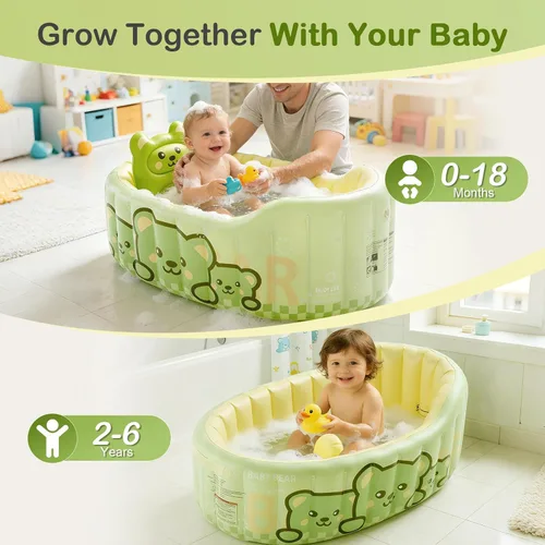 Vista 8 de Bañera inflable para bebé, bañera reclinable para recién nacidos a niños pequeños con cojín de respaldo suave y bomba de aire, bañera plegable