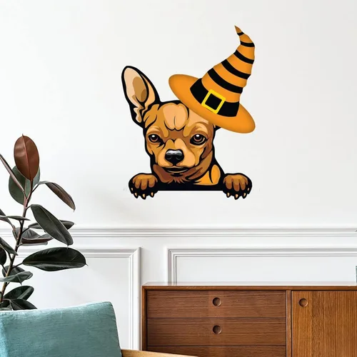 Vista 11 de Calcomanías de pared de Halloween con diseño de brujas y malinois, calcomanías de Halloween con texto en inglés "Happy Halloween" para decoración