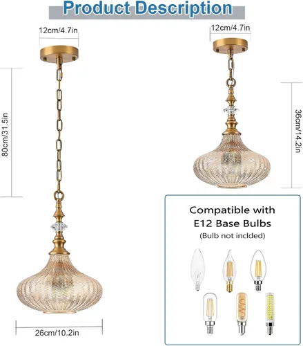 Vista 3 de Lámpara colgante de 3 luces, candelabro vintage dorado de granja para cocina, lámpara de techo colgante ajustable de vidrio ámbar para pasillo