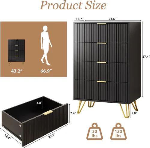 Vista 2 de MAISONARIA Cómoda negra para dormitorio, cómoda de 4 cajones con asas de metal dorado y cómodas, cómodas para pasillo, dormitorio