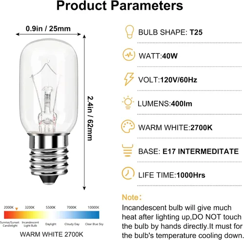 Vista 4 de Bombilla de microondas para debajo de campana extractora, refrigerador T8 de 40 vatios, 125V, E17, base intermedia, luz blanca cálida, bombilla