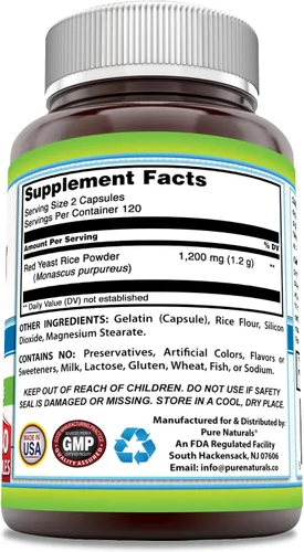Vista 2 de Pure Naturals Arroz de levadura roja, 1200 mg por porción, suplemento de 240 cápsulas Sin OMG Sin gluten Fabricado en Estados Unidos