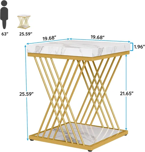 Vista 2 de Tribesigns Mesa auxiliar cuadrada de oro blanco, mesa auxiliar de 2 niveles, moderna y pequeña, con almacenamiento para sofá, sillas con marco