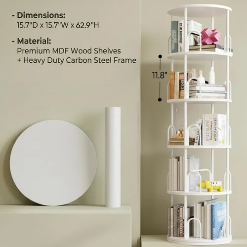 Vista 3 de Estantería giratoria de 5 niveles, esquina de madera Blanco