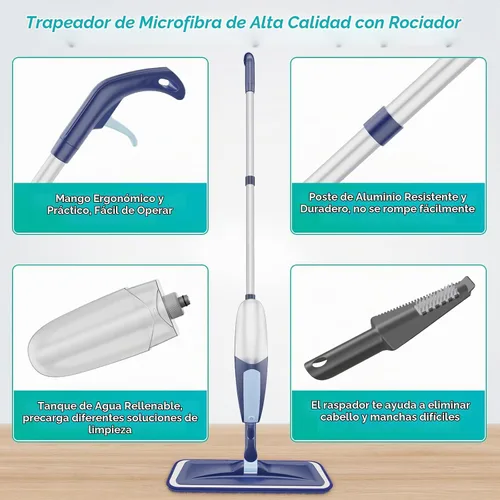 Vista 5 de Mopa con aerosol para limpieza de suelos, mopa de microfibra para pisos de madera TRAV-ROUND con 3 almohadillas lavables reutilizables, apta