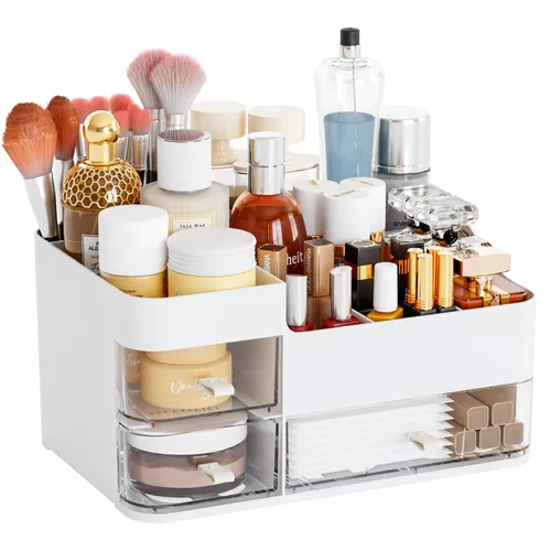 Vista 10 de Organizadores de maquillaje rosa para tocador con 3 cajones, organizadores grandes para el cuidado de la piel para encimera, escritorio, aparador