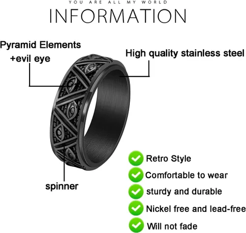 Vista 2 de Nanafast Anillos giratorios de ojo turco de 0.315 in para hombres, anillos de acero inoxidable para hombres y mujeres, anillo de plata negra, anillo