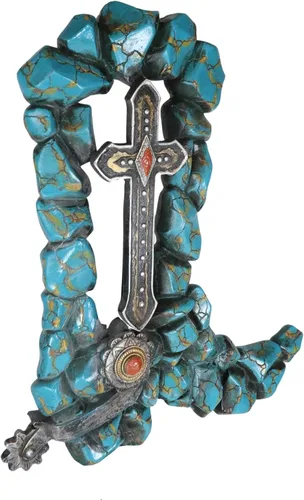 Vista 4 de Ebros Gift Botas vaqueras rústicas con piedras preciosas de turquesa agrietada del suroeste con espolón y cruz vintage para colgar en la pared