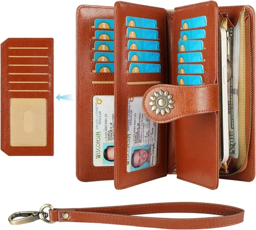 Vista 2 de Lavemi Carteras de cuero genuino de gran capacidad con bloqueo RFID para mujer, tarjetero con correa para la muñeca