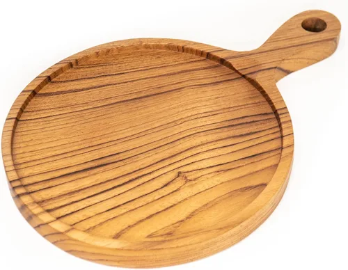 Vista 6 de Rainforest Bowls Tabla de pizza de madera de teca javanesa de 8 pulgadas con mango y borde, puede contener pizza de 8 pulgadas, ultra duradera