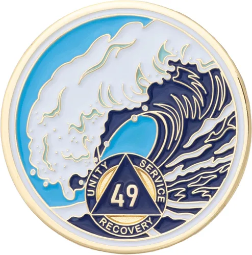 Vista 19 de Moneda AA de 1 año – Medallón de recuperación de ondas estrelladas de Sobriety Mint – azul/blanco/dorado