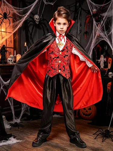 Vista 2 de Disfraz de vampiro para niños con capa, parte superior, pantalones, cuello, disfraz de vampiro para Halloween y carnaval