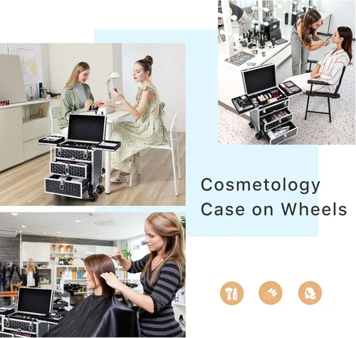 Vista 2 de FRENESSA Estuche Profesional Rodante para Maquillaje de Aluminio con Carrito de Tren y Ruedas para Organizador de Cosméticos de Viaje con Cajones