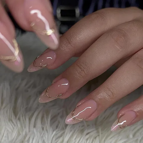 Vista 2 de MISUD Uñas a presión – Uñas con pegamento de almendras medianas con cromo, diseño de punta francesa acrílica, 24 piezas