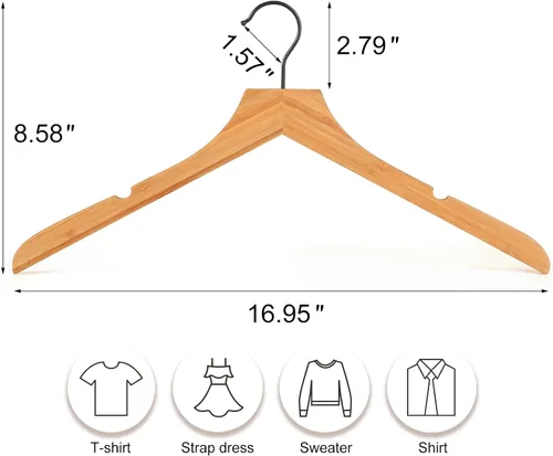 Vista 2 de TOPIA HANGER Perchas de madera de bambú, perchas con gancho negro giratorio y nothces de corte liso, juego de 12 perchas de madera duraderas