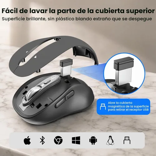 Vista 9 de Ratón Bluetooth inalámbrico, mouse Ergo para computadora multidispositivo, desplazamiento estupendo de metal de 4 vías, ± 3200 DPI, 10 botones, Plug