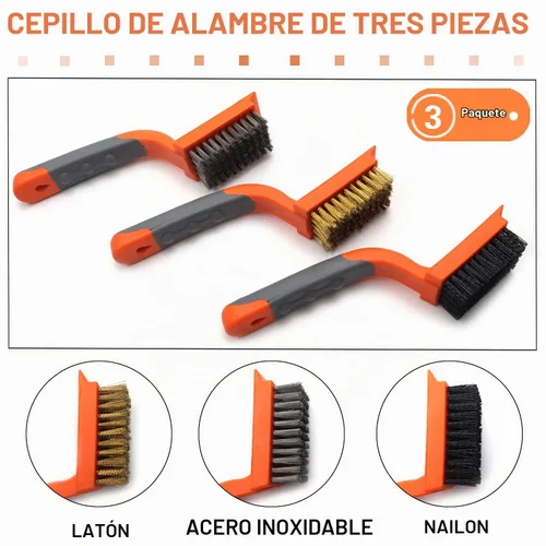 Vista 3 de MAXMAN Juego de 3 cepillos de alambre de latón/acero inoxidable/nailon para limpiar cerdas de óxido con mango curvado de goma, utilizado