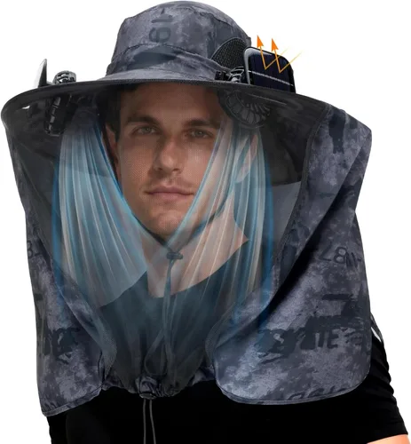 Vista 8 de Sombrero de red con 2 ventiladores solares de ala ancha con solapa para el cuello transpirable UPF 50+ para camping, senderismo, pesca