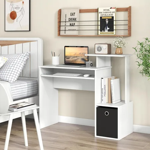 Vista 4 de Tangkula Escritorio para computadora con cajón de tela y bandeja para teclado, escritorio de estudio que ahorra espacio con estantes