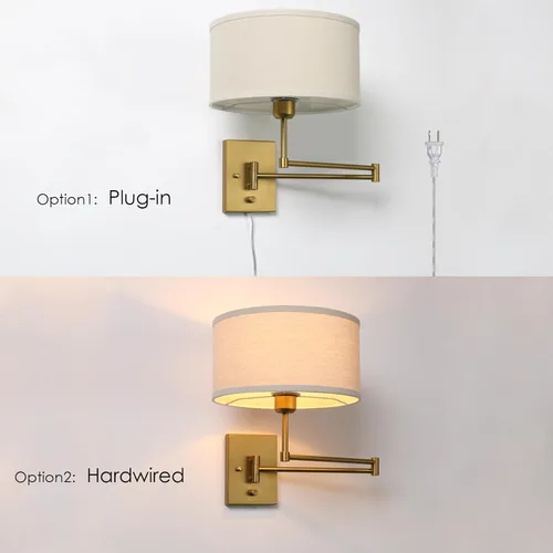 Vista 6 de Aplique de pared de tela textil de lino vintage Swing Arm, Adjustable, with on/Off Switch, Brass Gold Wall Mounted Lamp, Reading Light Fixture for