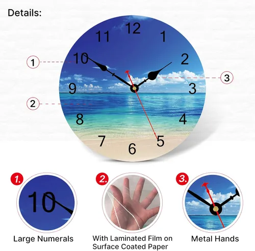 Vista 3 de TAHEAT Reloj de pared azul pacífico de mar, silencioso sin tictac, hermoso cielo y playa, reloj de pared decorativo fácil de leer para cocina, baño