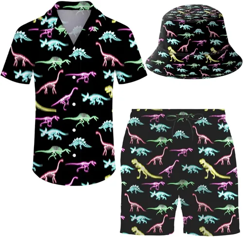 Vista 30 de Conjunto deportivo de 2 piezas para hombre, camisa hawaiana, pantalones cortos, camisa con botones y pantalones cortos con sombreros de pescador