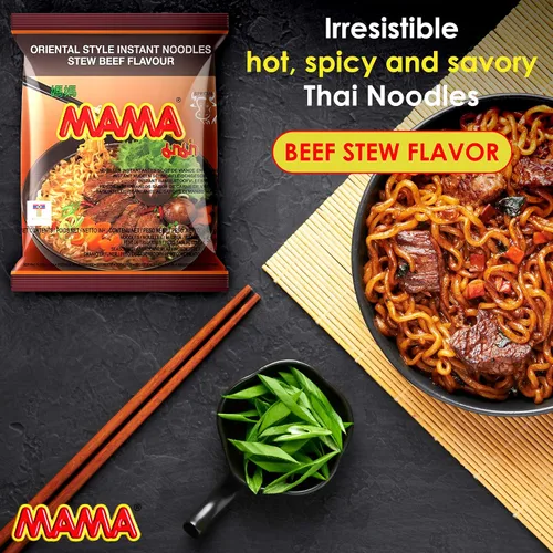 Vista 2 de MAMA Noodles Beef Stew Instant Spicy Fideos con deliciosos sabores tailandeses, fideos picantes y picantes, sin grasas trans con menos calorías que