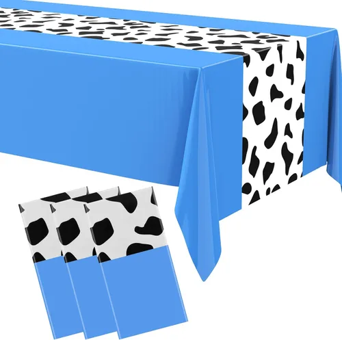 Vista 10 de Paquete de 3 manteles con estampado de vaca negra, 54 x 108 pulgadas, mantel rectangular desechable para fiesta de vaquera occidental, mi primer