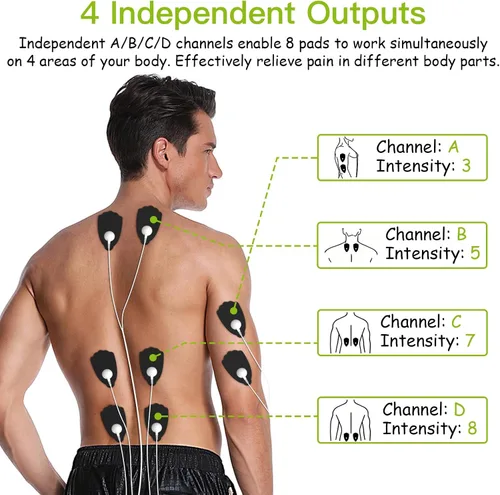 Vista 3 de DOMAS Unidad TENS con 4 salidas de canal, unidad TENS EMS estimulador muscular para aliviar el dolor de espalda, dispositivo portátil y recargable