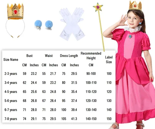 Vista 6 de Luzlen Princess Peach Costume for Girls Kids Toddler Princess Peach Cosplay Dress With Accessories Halloween Birthday Outfits