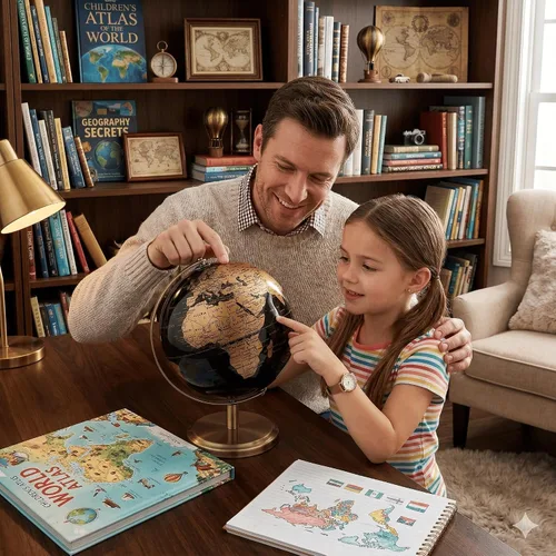 Vista 3 de Globo del mundo pequeño de 6 pulgadas con soporte de bronce antiguo, decoración de escritorio de tierra negra y dorada para niños y adultos, globo