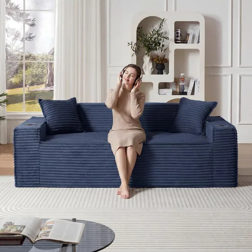 Vista 22 de Sofá sin hueso de 66.5 pulgadas con portavasos y bolsillos laterales, sofá biplaza tapizado de tela de pana moderna con 2 almohadas para sala