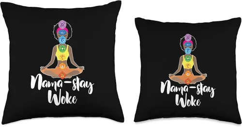 Vista 3 de Namaste Yoga Gifts – Almohada para yoga con diseño de Nama Stay Woke DressedForDuty Nama Stay Woke – Black Afro Girl Chakra, Namaste Yoga Throw