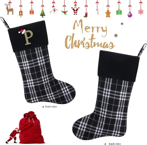 Vista 8 de Calcetines de Navidad personalizados con monograma inicial, adornos colgantes, medias clásicas de cuadros negros de 19 pulgadas, decoraciones