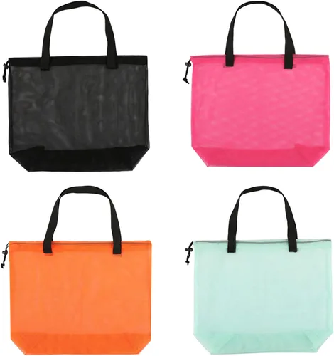 Vista 11 de 4PCS Colorful Mesh Beach Tote Bags With Drawstring For Poolside,Swim,Travel Negro