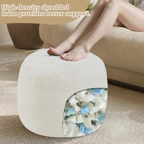 Vista 2 de MeMoreCool Puf otomano redondo, reposapiés de pana beige con relleno de espuma, taburete compacto para sofá, decoración de sala de estar