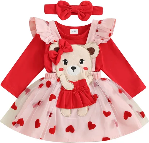 Vista 15 de My First Valentine's Day - Conjunto de ropa para bebé niña con volantes, manga larga, estampado de corazón, falda con tirantes